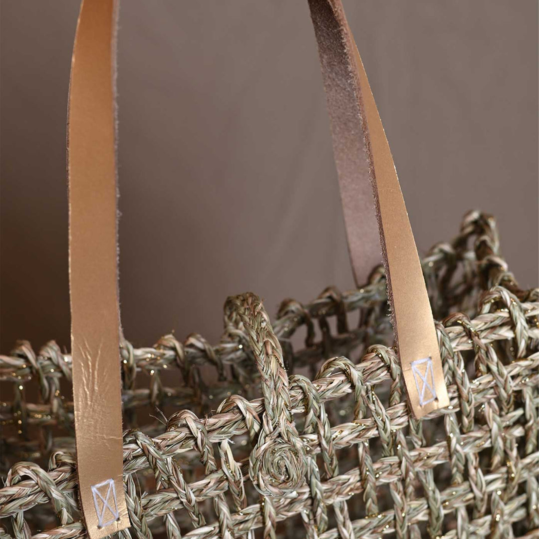 Handmade Grass Woven Rectangular Zari Sabai Mesh Tote Bag