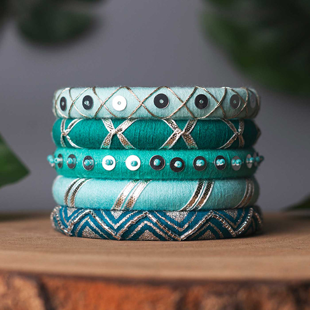 Aqua Blue Handcrafted Sequin & Silver Gotta Patti Bangles | Set of 5