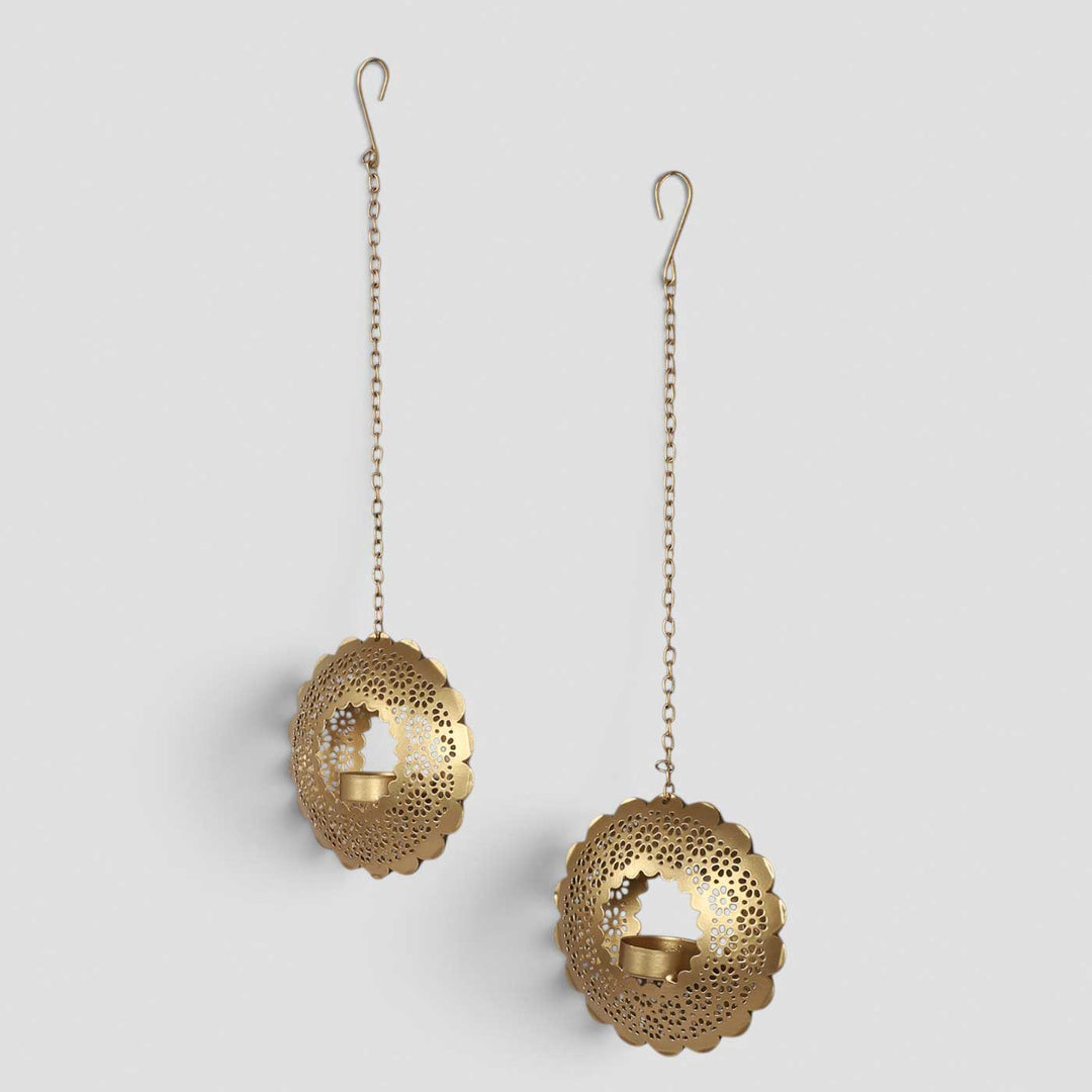 Set of 2 | Handmade Round Etched Hanging Metal Votive Tealight Holders For Festive Decor