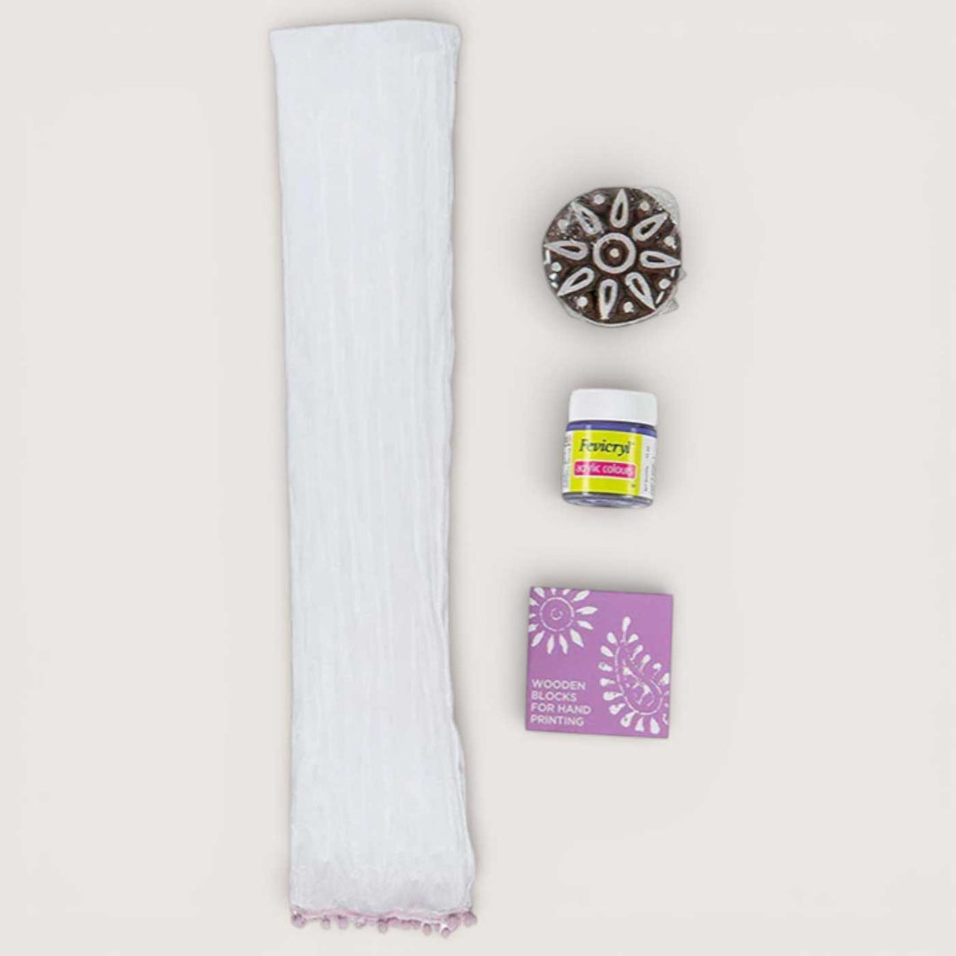 Purple Leaf Dupatta Block Print DIY Kit | Includes 1 White cotton dupatta, 1 Fabric paint, 1 Wooden block And 1 Sponge
