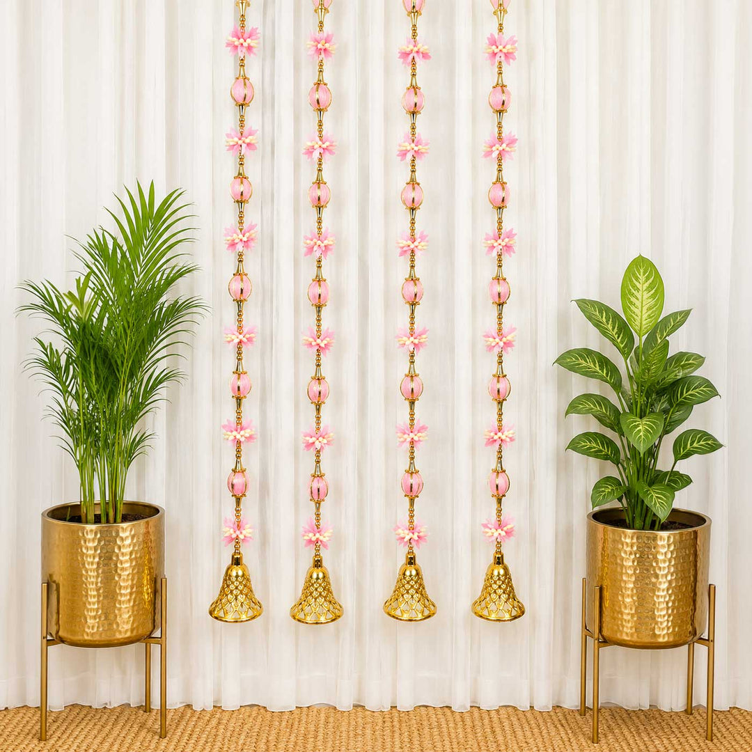 Handcrafted Pink, White & Gold Tassels & Gold Bead Door Hangings For Festive Decor