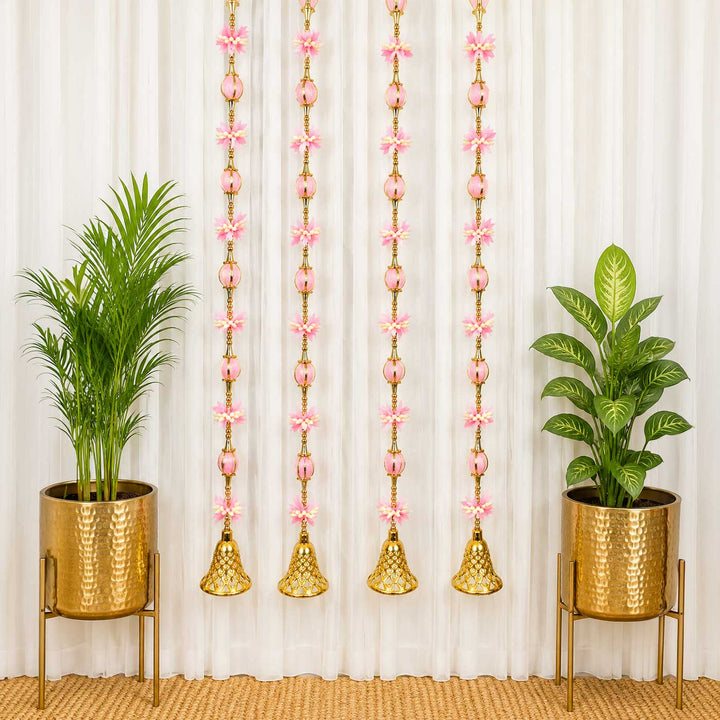 Handcrafted Pink, White & Gold Tassels & Gold Bead Door Hangings For Festive Decor