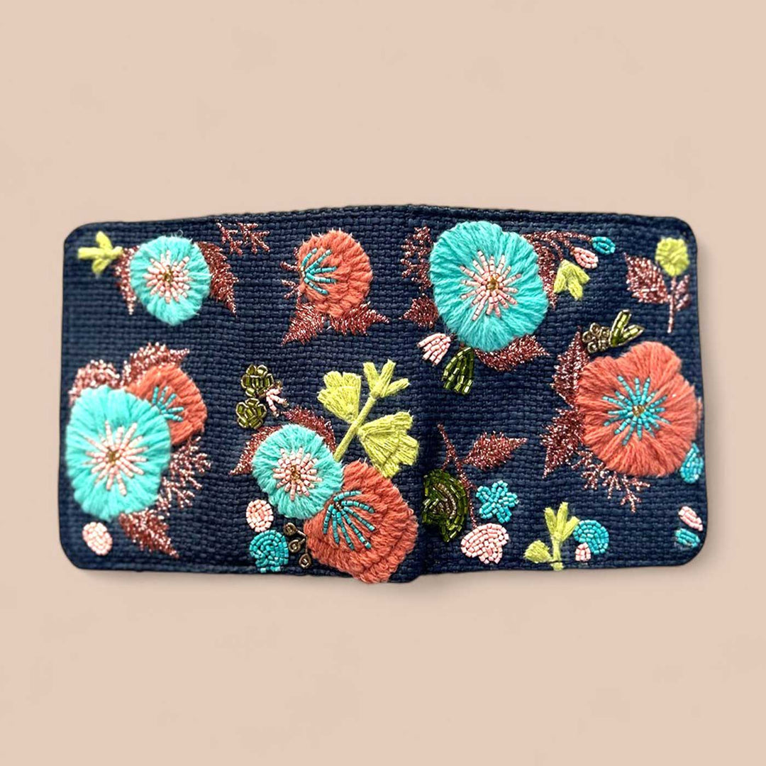 Handmade Embroidered Floral Blue Design Matrix Wallet