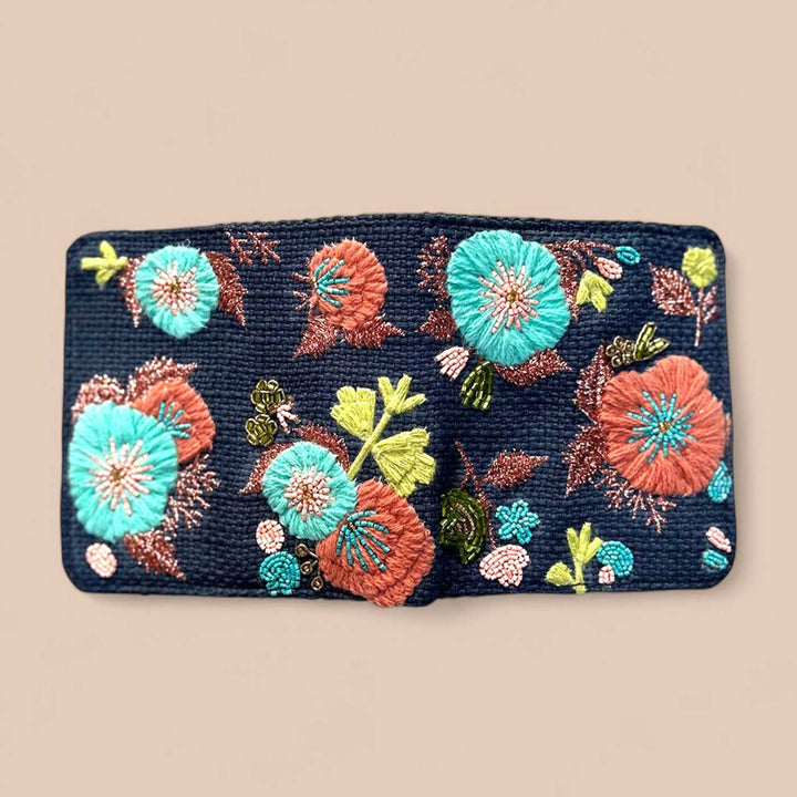 Handmade Embroidered Floral Blue Design Matrix Wallet