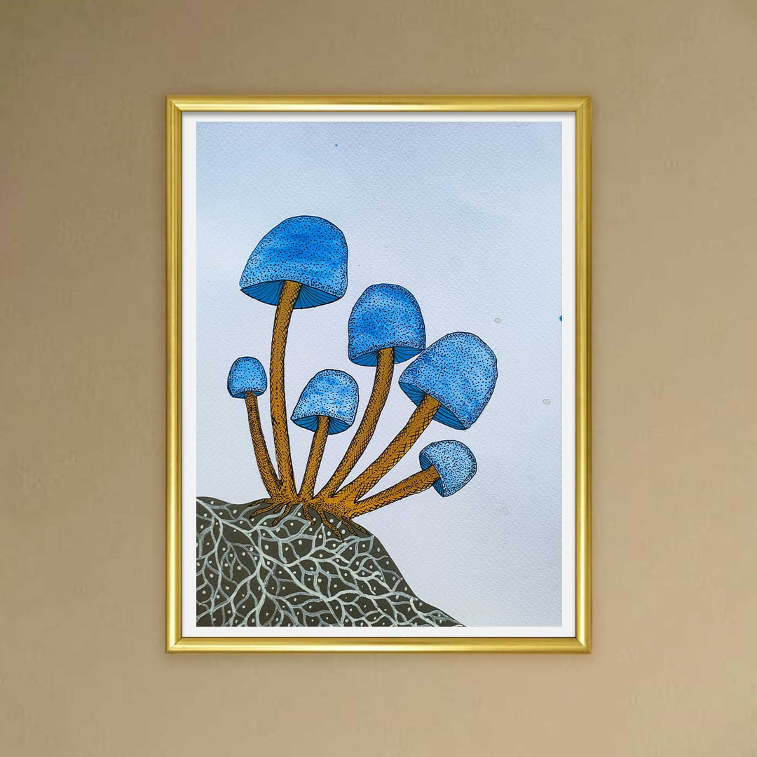 8 x 11 Inch | Blue Mashroom | Original Hand Painted Tribal Gond Art Painting | Acrylic Paints On Paper