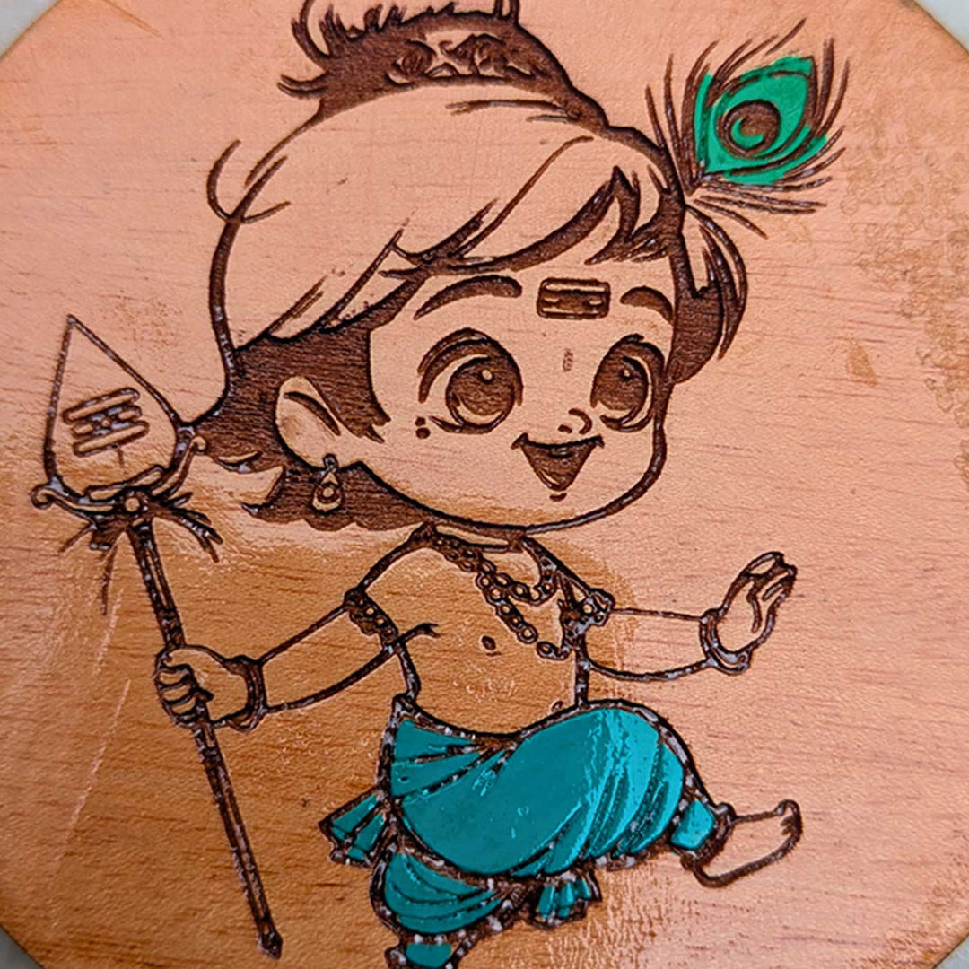 Engraved & Hand-Painted Bal Krishna Mahogany Wood Fridge Magnet