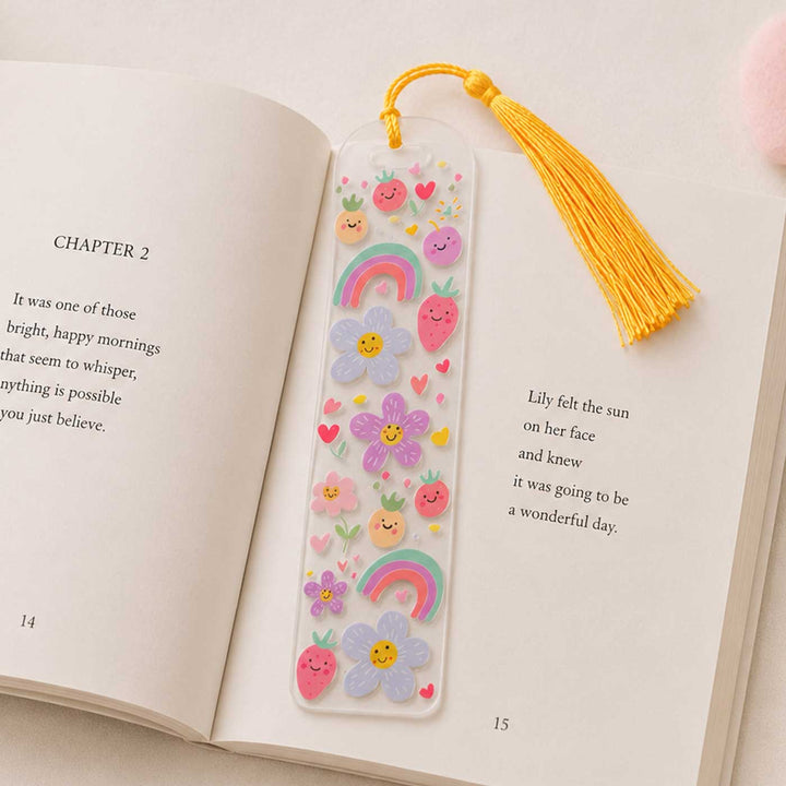 Rainbow & Flowers Theme Handmade Acrylic Bookmark With Tassel For Book Lovers