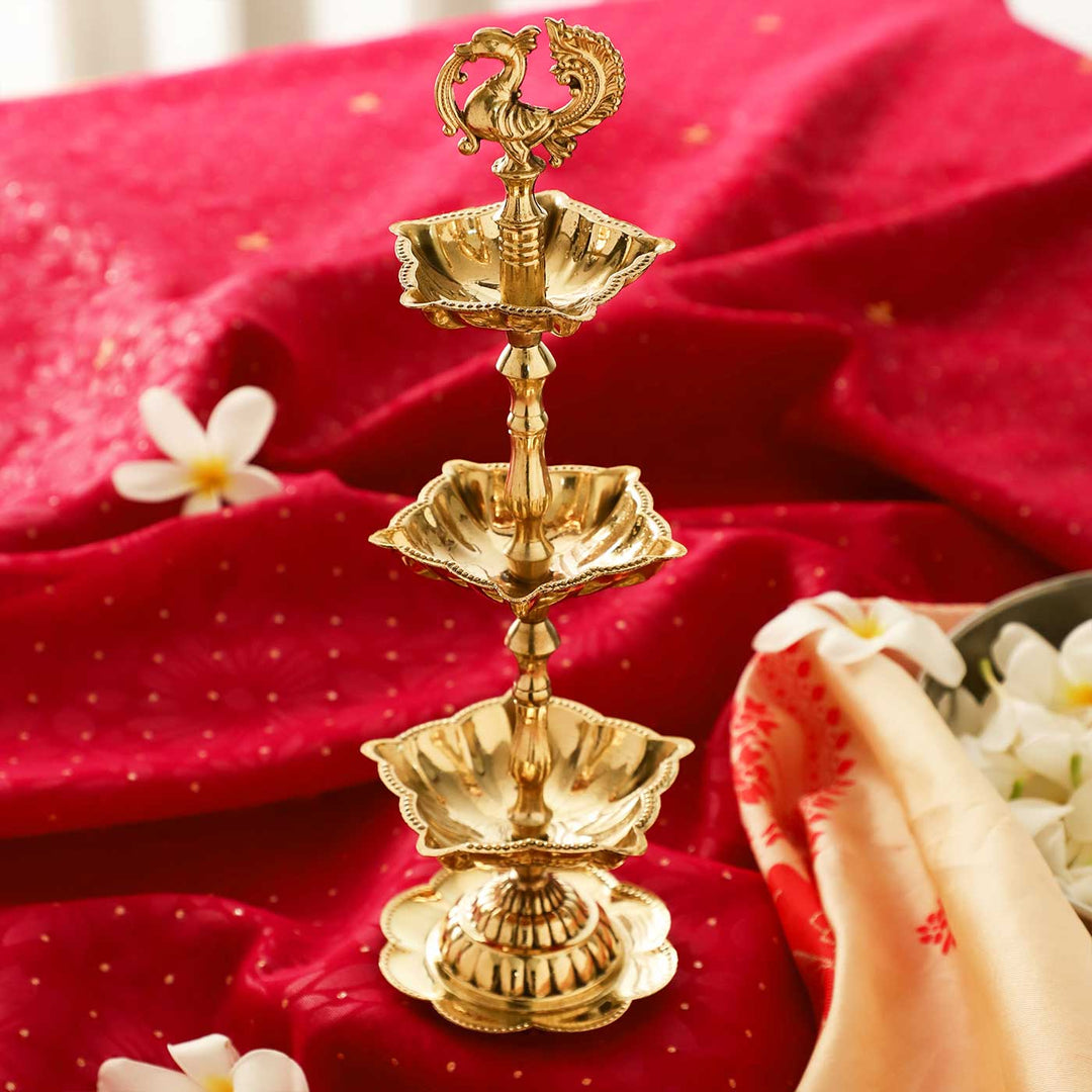 3-Tier Peacock Brass Oil Lamp Stand For Festive Decor
