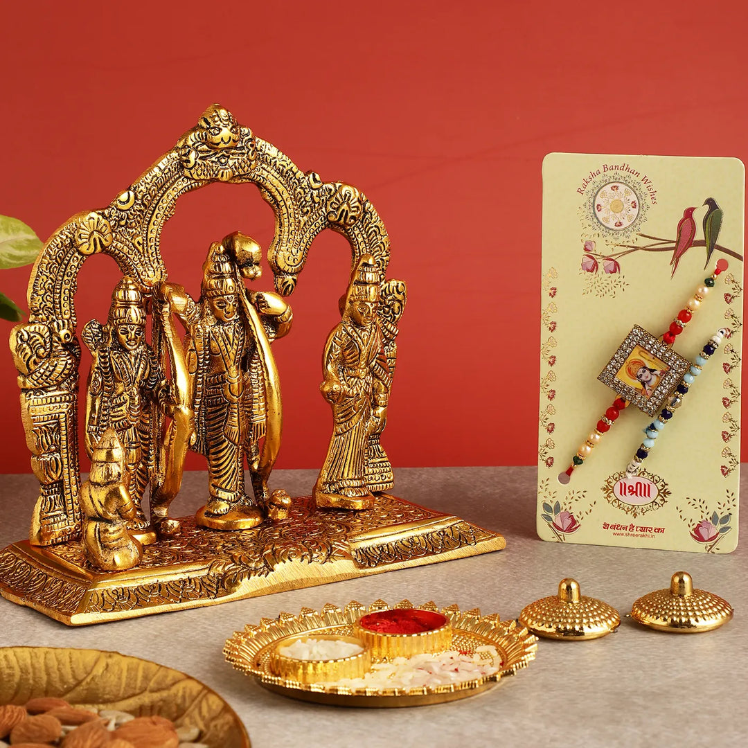 Handmade Shri Ram Rakhi Hamper | Includes 1 Ramdarbar Idol, 2 Rakhis, 1 Roli Chawal