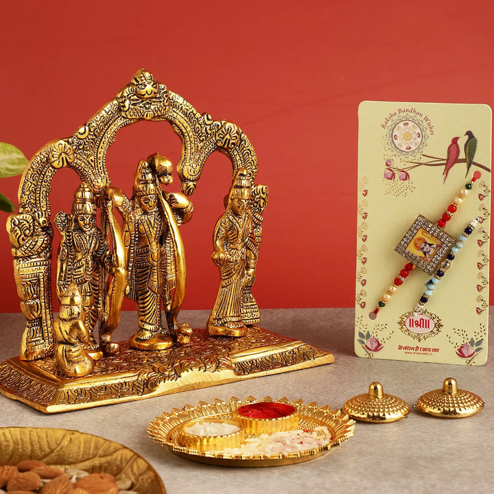 Handmade Shri Ram Rakhi Hamper | Includes 1 Ramdarbar Idol, 2 Rakhis, 1 Roli Chawal