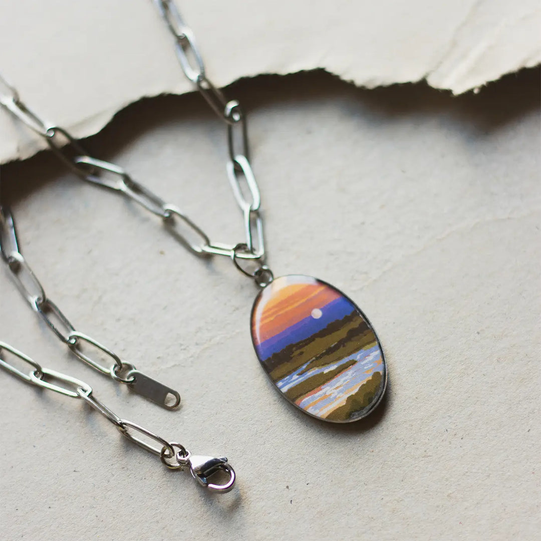 Illustrated Sunset Inspired Resin & Stainless Steel Necklace