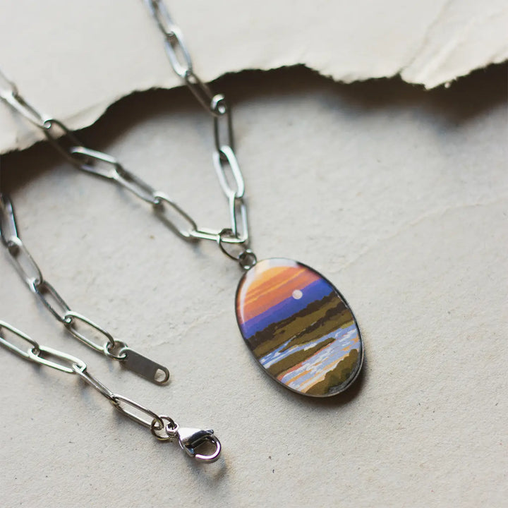 Illustrated Sunset Inspired Resin & Stainless Steel Necklace