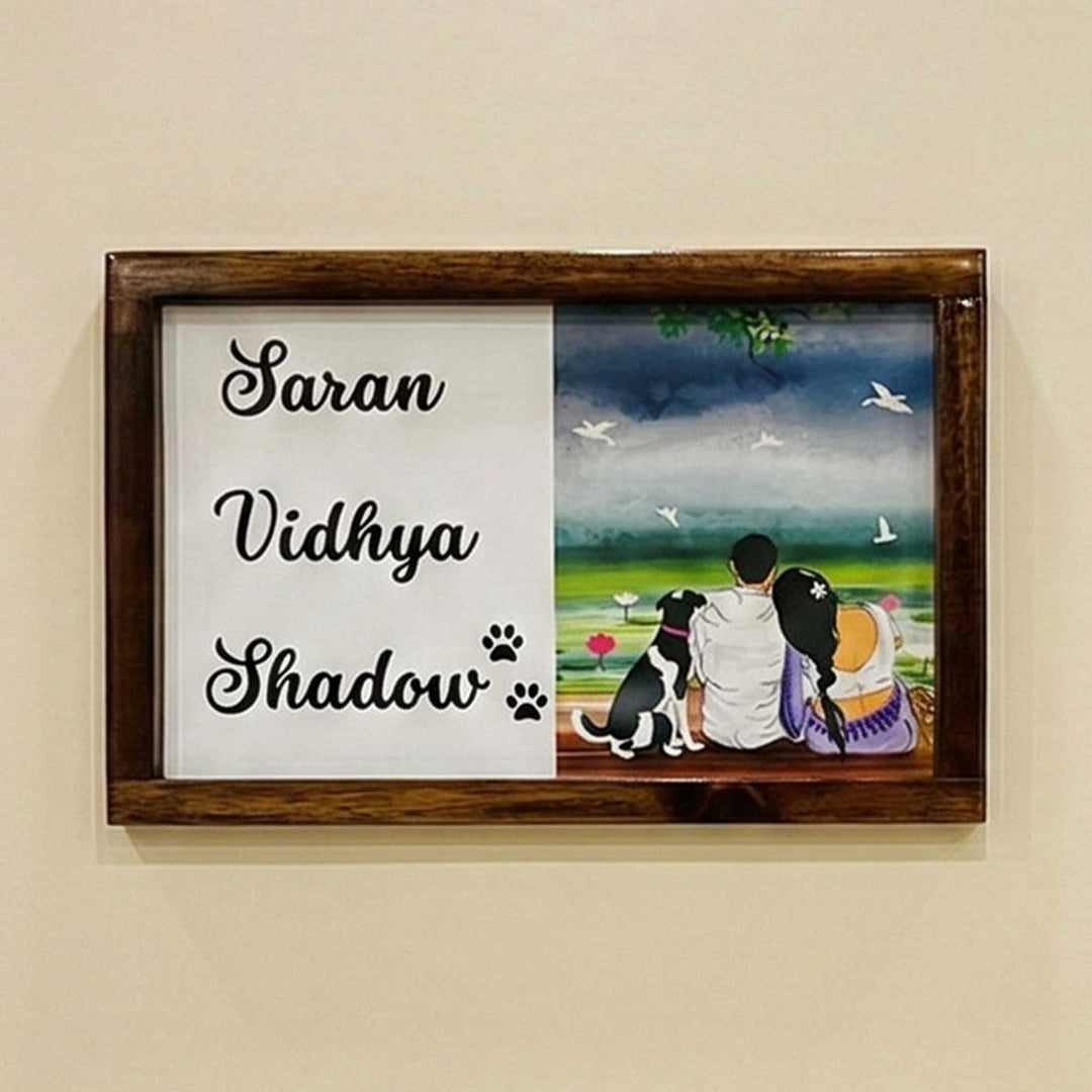 Couple With Pet Caricature Photo Personalized Resin Wooden Frame Name Plate