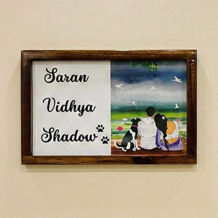Couple With Pet Caricature Photo Personalized Resin Wooden Frame Name Plate
