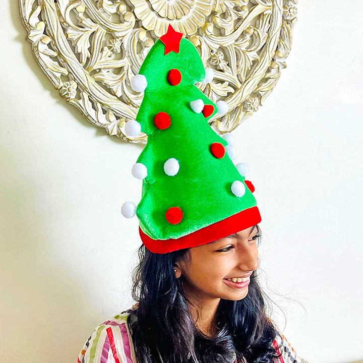 Handmade Green Pompom Christmas Tree Shaped Velvet Santa Hat | Xmas Gifting Ideas