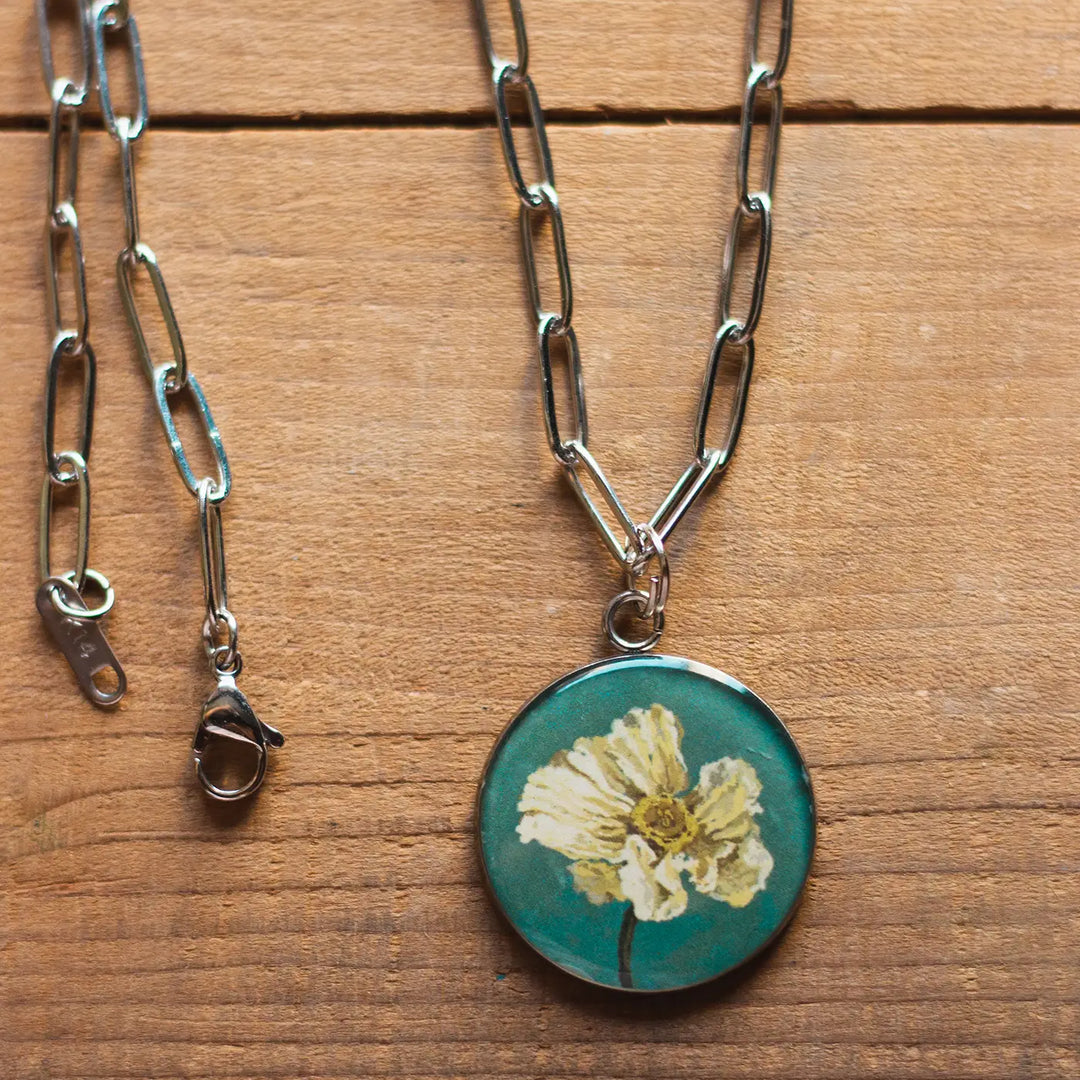 Illustrated White Poppy Flower Design Resin & Stainless Steel Necklace