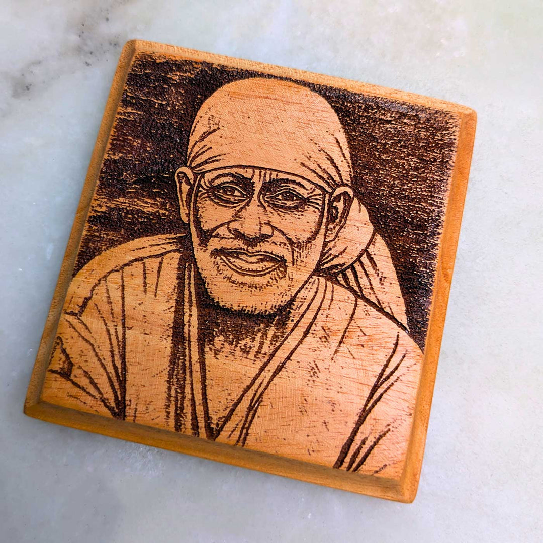 Engraved Sai Baba Portrait Mahogany Wood Fridge Magnet