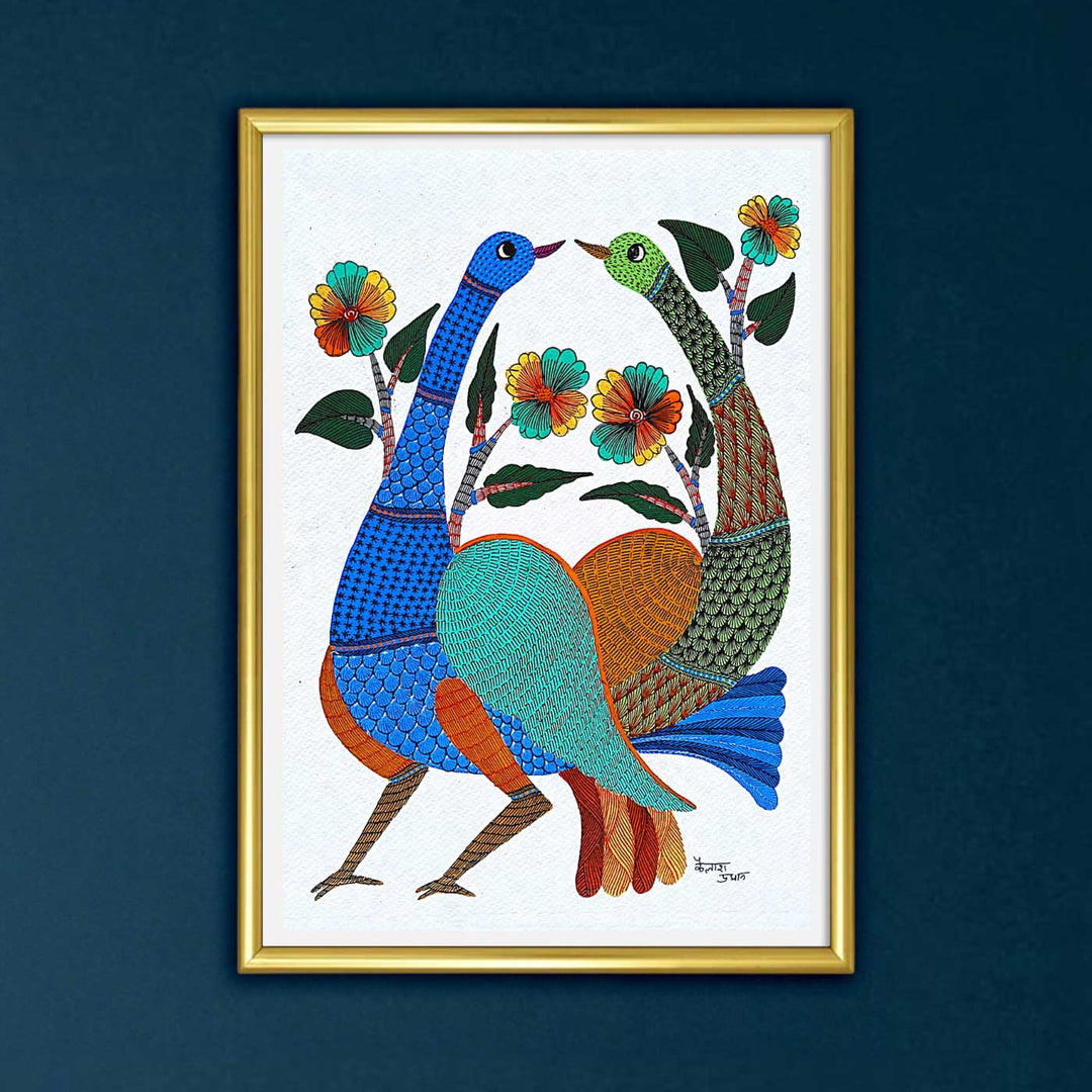 11 x 15 Inch | Love Birds with Flowers | Original Hand painted Tribal Gond Art Painting | Acrylic Paints On Paper