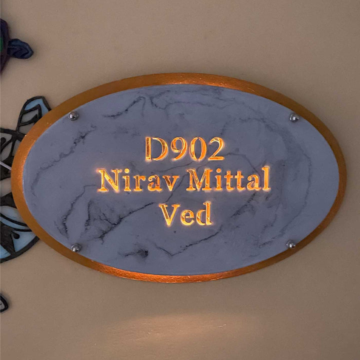 Marble Effect Personalized Led Backlit Handcrafted Epoxy Resin Name Plate With Cut Through Illuminated Lettering For Home