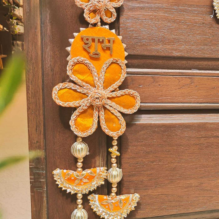 3 Pc | Handmade Festive Orange & Yellow Gota Patti Banderwal Toran with Shubh Labh Hangings