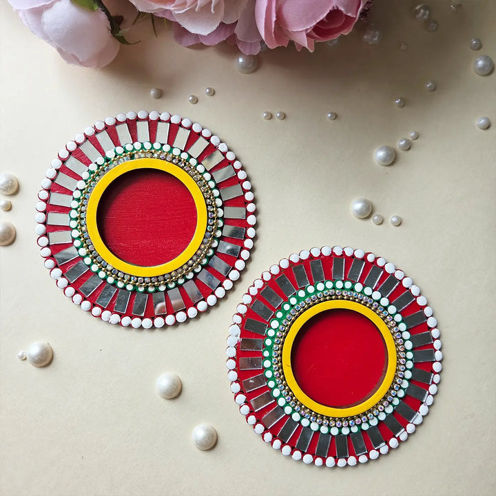 Hand-Painted Mirror Work Round MDF Wood Tealight Holder | Set Of 2