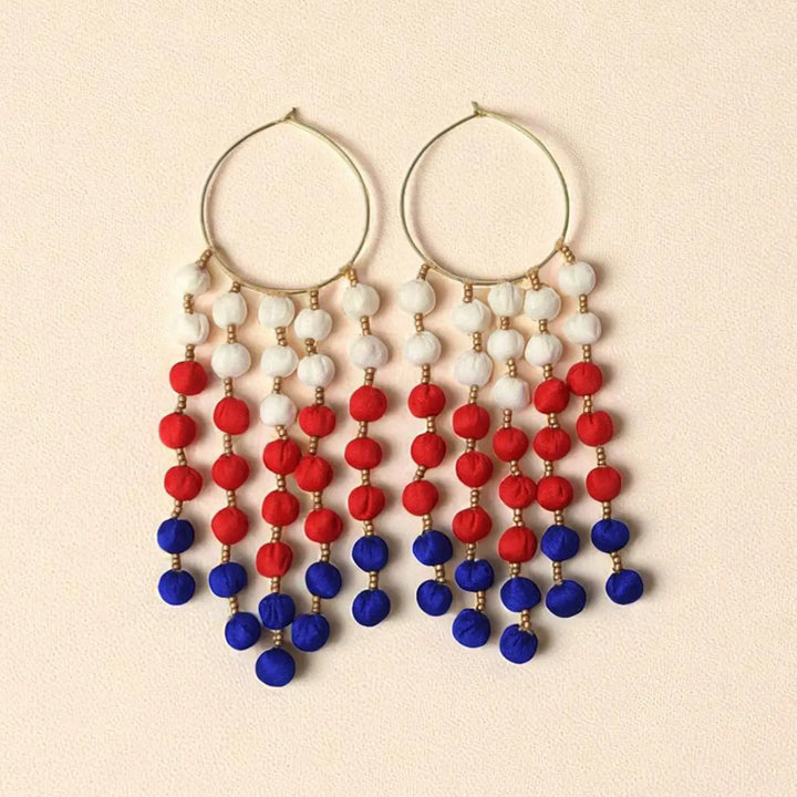 Handmade Textile Art Hoop Hanging Round Tassels Dupion Silk Fabric Earrings