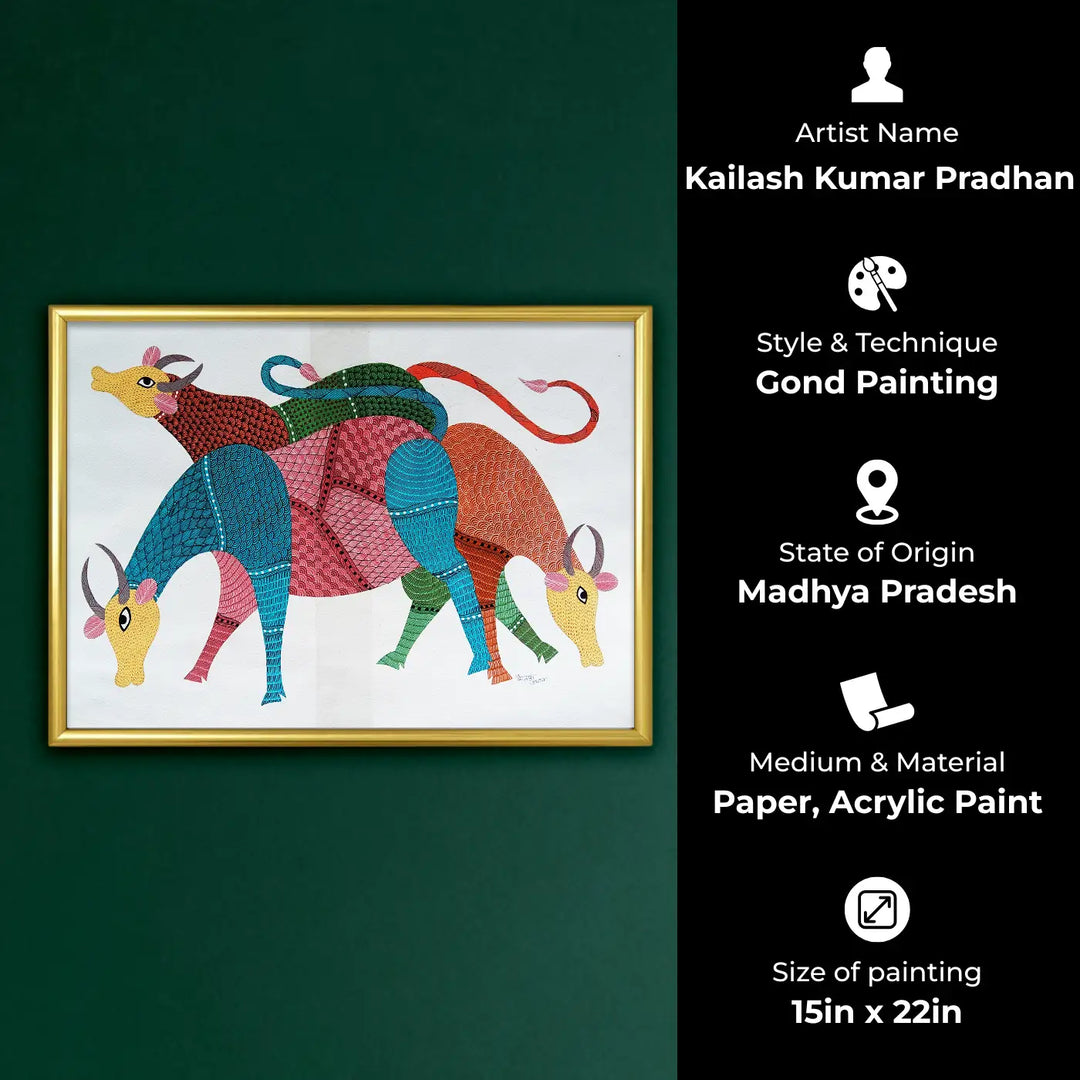 15 x 22 Inch | Group of Cows | Original Hand Painted Tribal Gond Art Painting | Acrylic Paints On Paper