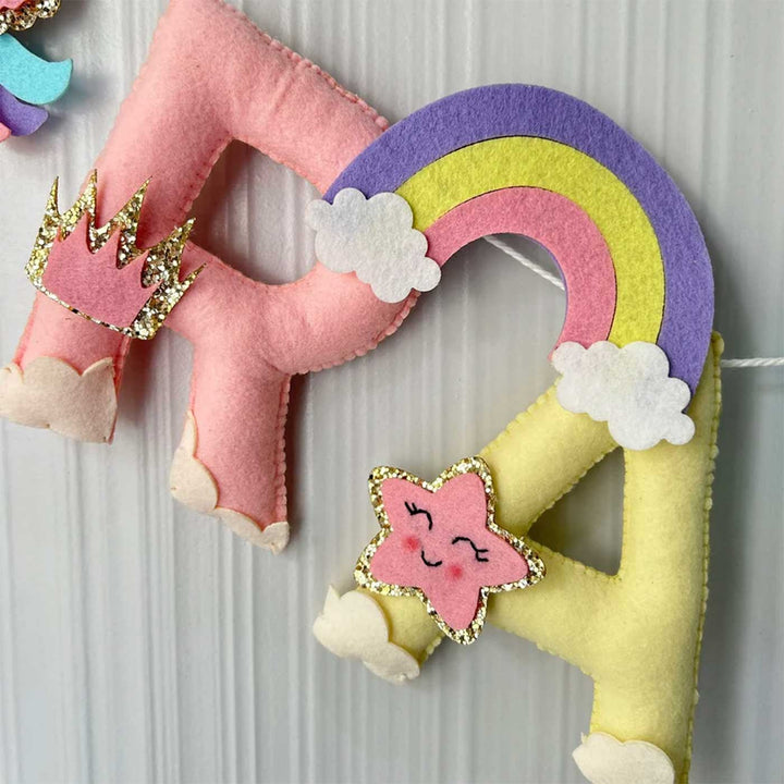 Personalized Unicorn Fairy Felt Bunting Garland For Kids - Close-up of Hanging Decorative Letters