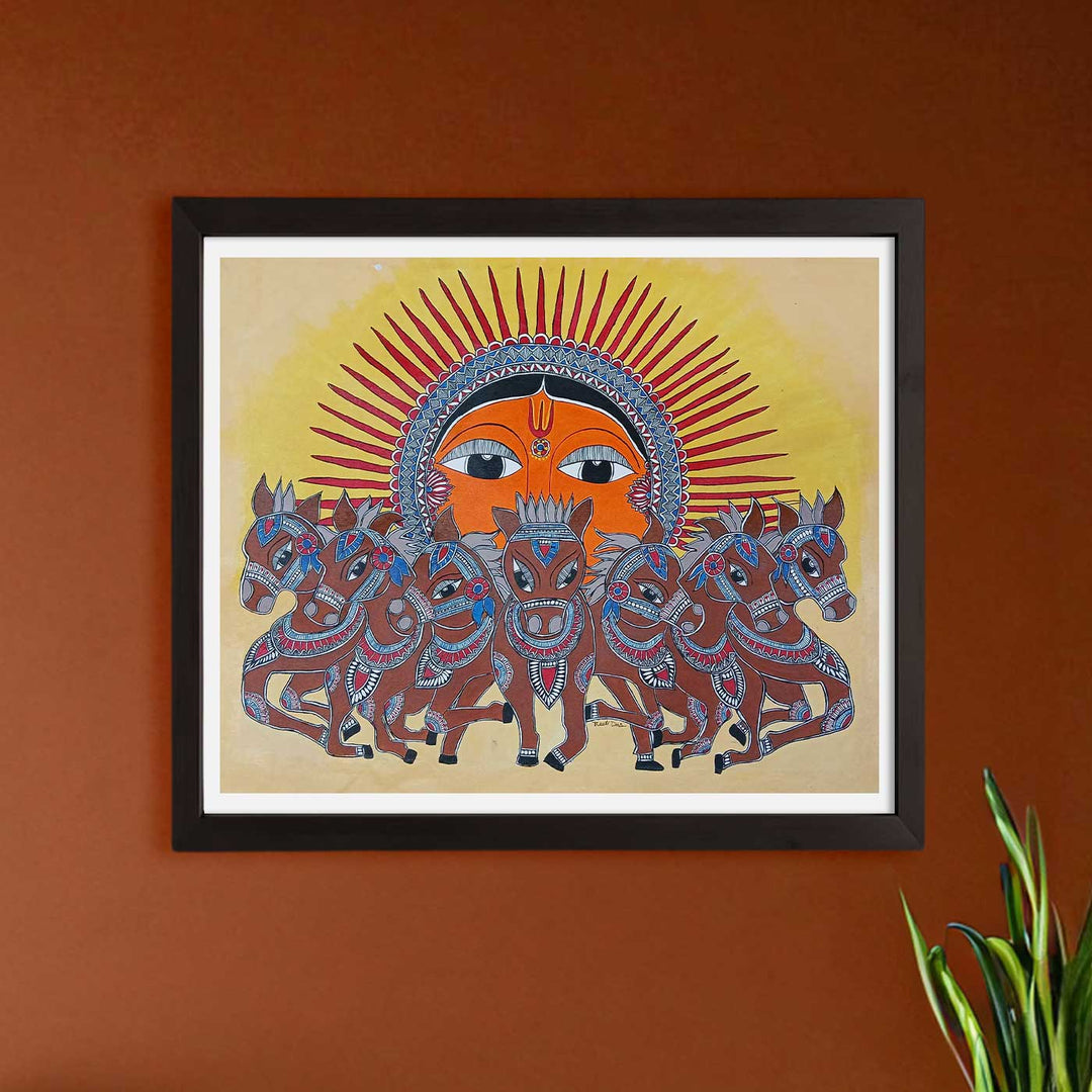 36 x 30 Inch | Seven Horse & Sun | Original Hand Painted Madhubani Painting | Acrylic Paints On Canvas