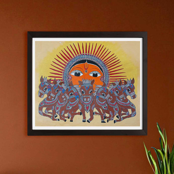 36 x 30 Inch | Seven Horse & Sun | Original Hand Painted Madhubani Painting | Acrylic Paints On Canvas