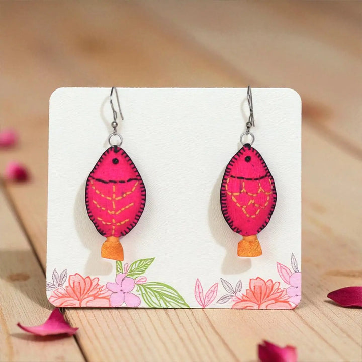 Handmade Textile Art Fish Shaped Hook Dupion Silk Fabric Earrings