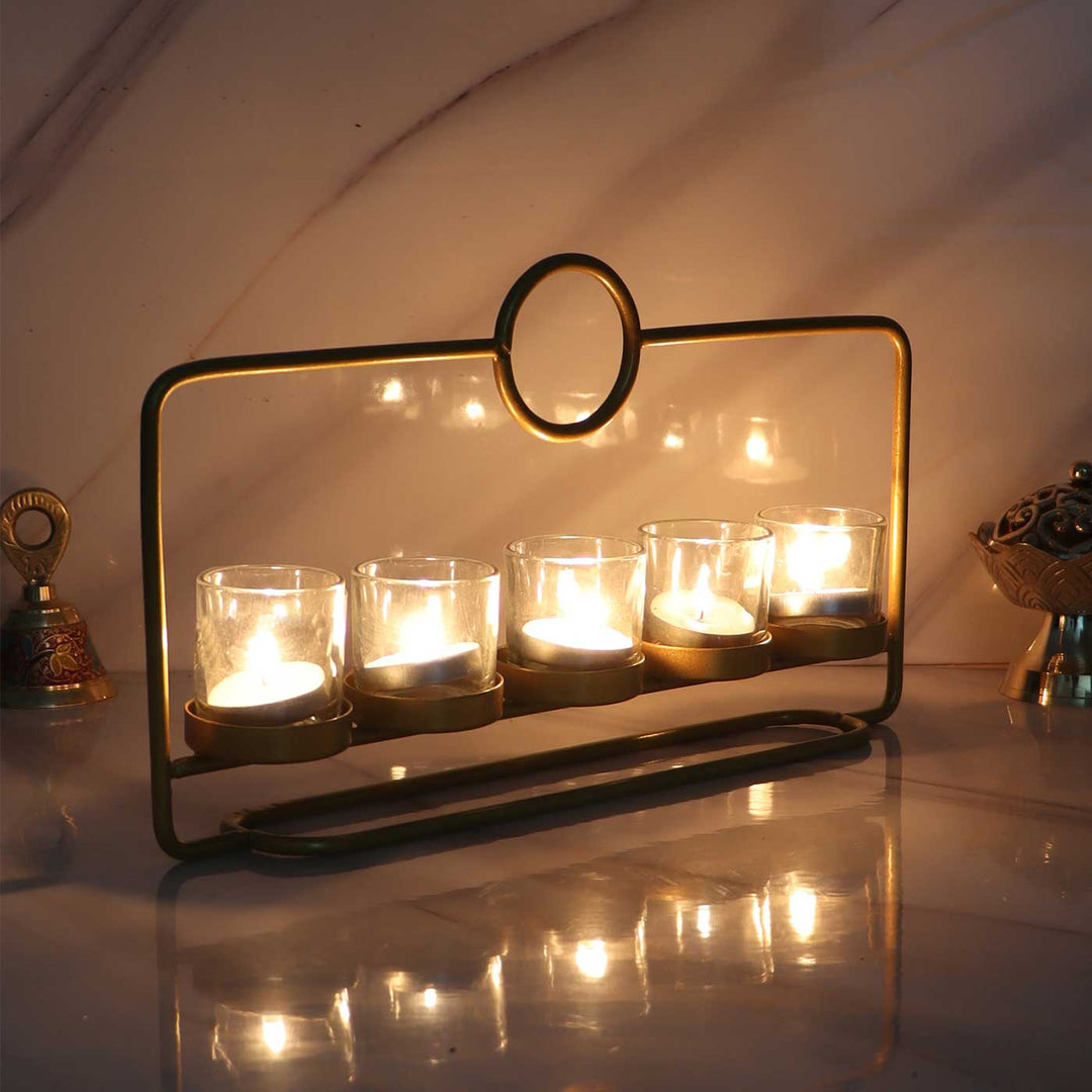 Handmade Rectangular Metal & 5 Glass Tealight Holder For Festive Decor