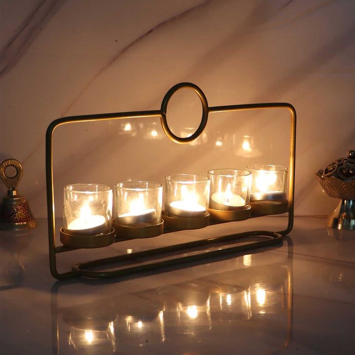 Handmade Rectangular Metal & 5 Glass Tealight Holder For Festive Decor