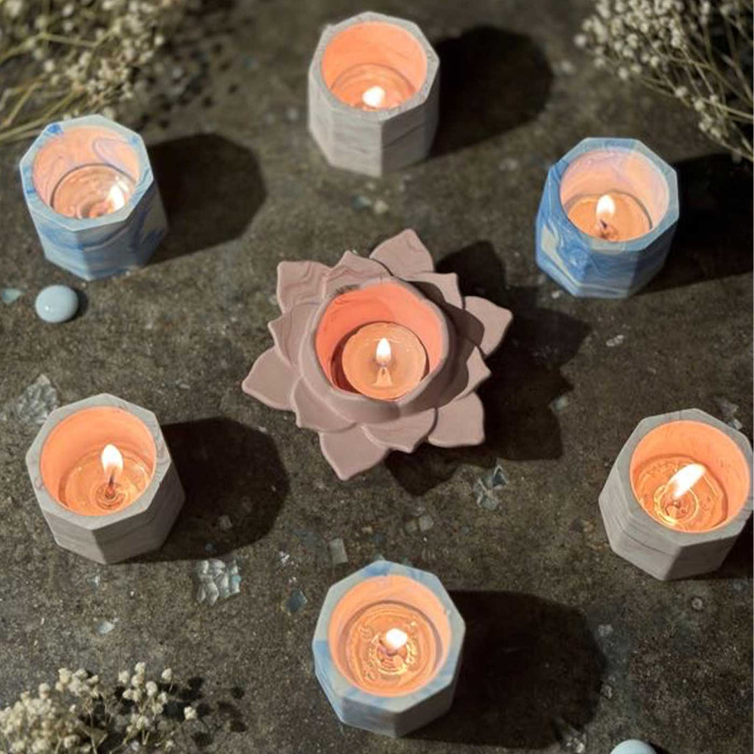 Handmade Veloura Glow Concrete Gift Hamper | Includes 1 Flower Candle Holder, 6 Octa Deep Candle Holders