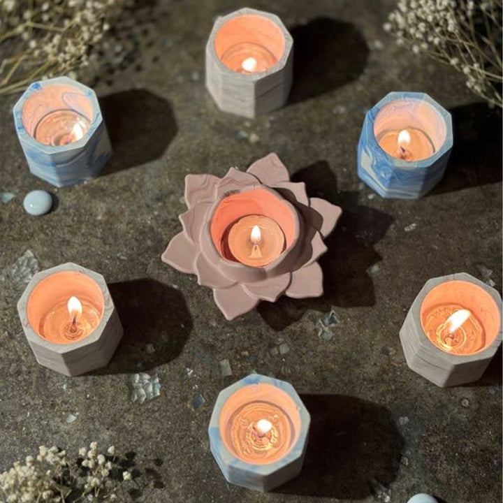 Handmade Veloura Glow Concrete Gift Hamper | Includes 1 Flower Candle Holder, 6 Octa Deep Candle Holders