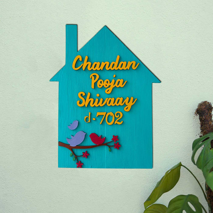 Personalized Hand-Painted Birds Theme Hut Shaped Wooden Name Plate