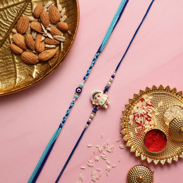 Handmade Astronaut & Evil Eye Kids Rakhi With Roli Chawal | Set Of 2