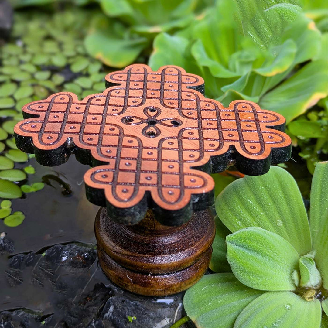 2 pc |  Engraved Floral Loop Mahogany Wood Kolam Agarbatti Holder For Pooja Room