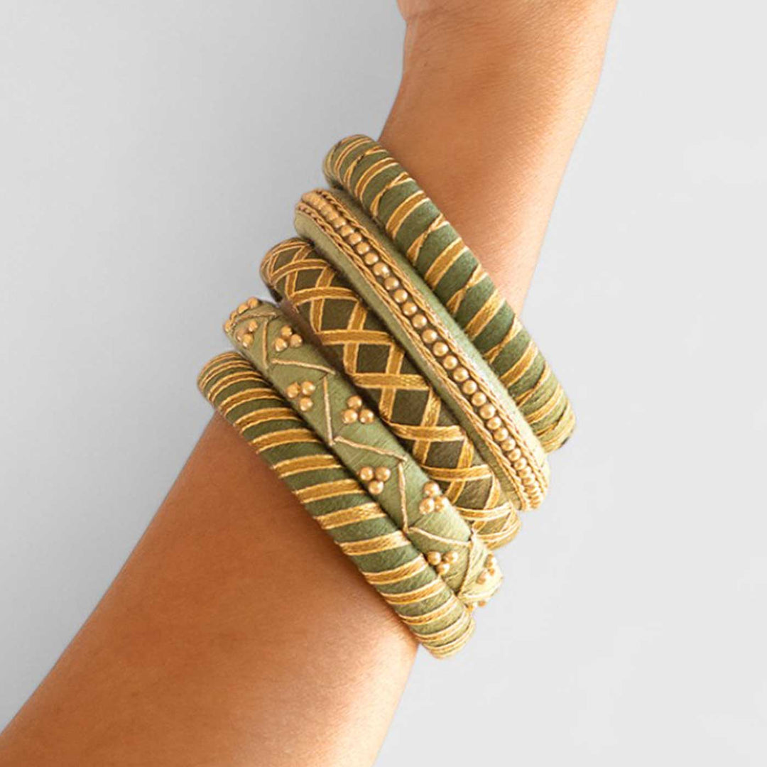 Green Handcrafted Beaded Gotta Patti Bangles | Set of 5