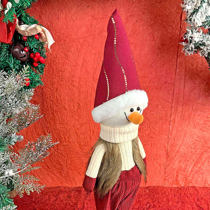 Cream Maroon Gold Self-Standing Snowman Woolen Decor For Christmas Table Decoration