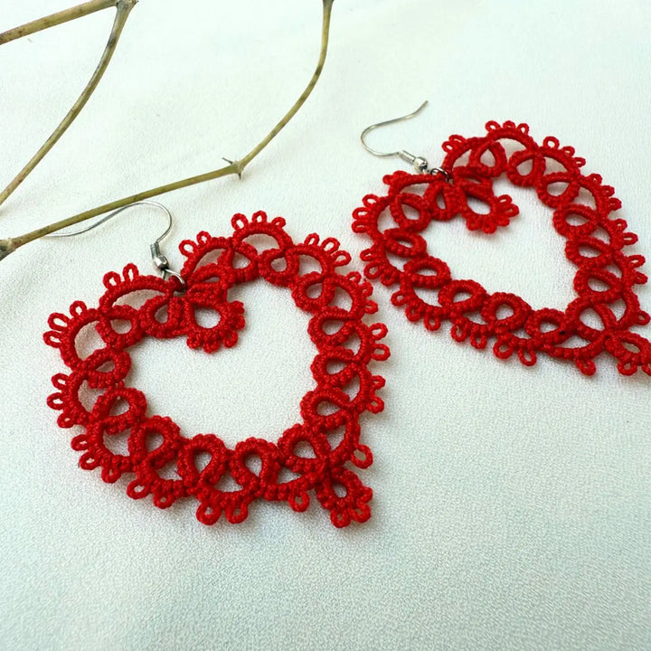 Handmade Tatting Red Heart Shaped Lace Cotton Earrings