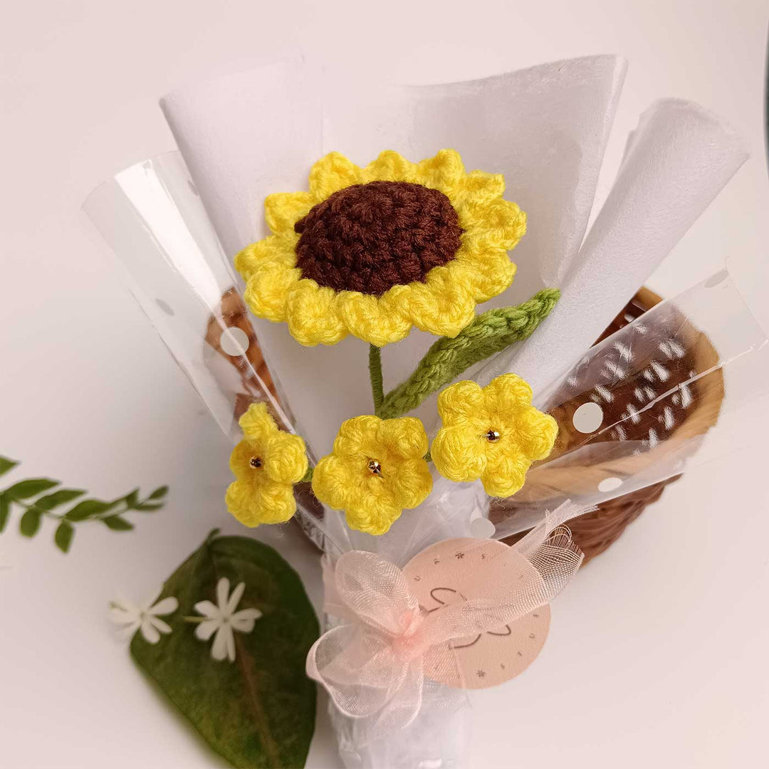 Handmade Crochet Sunflower Mini Flower Bouquet | Includes Photo & Greeting Card