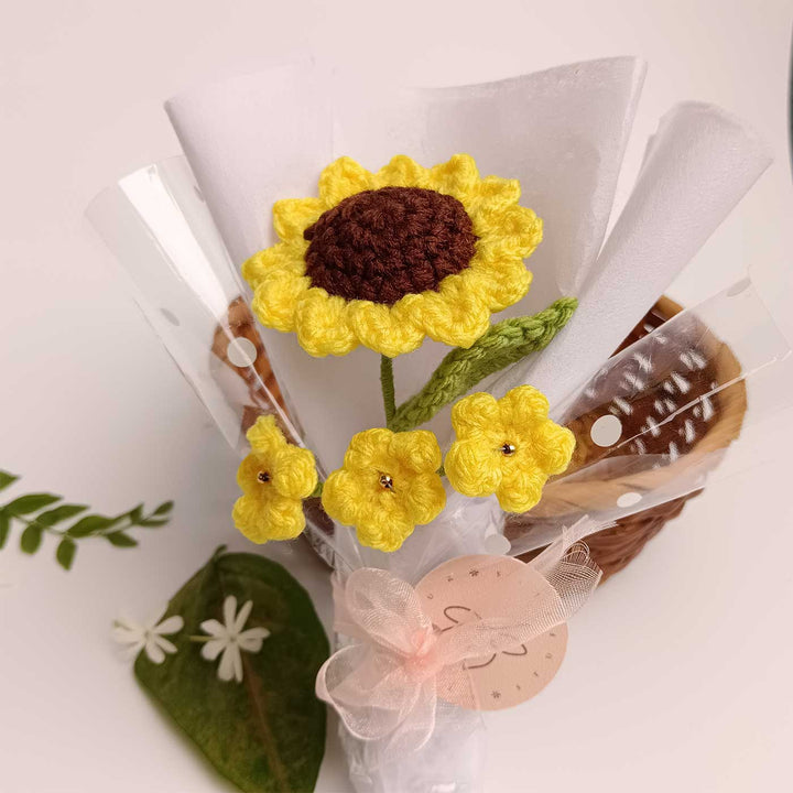 Handmade Crochet Sunflower Mini Flower Bouquet | Includes Photo & Greeting Card