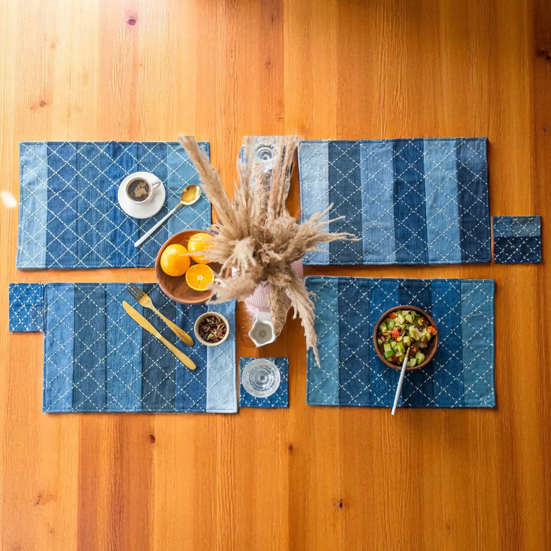 Upcycled Hand Embroidered Denim Criss Cross Eco-Friendly Table Mat