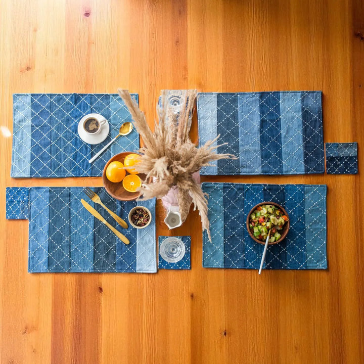 Upcycled Hand Embroidered Denim Criss Cross Eco-Friendly Table Mat
