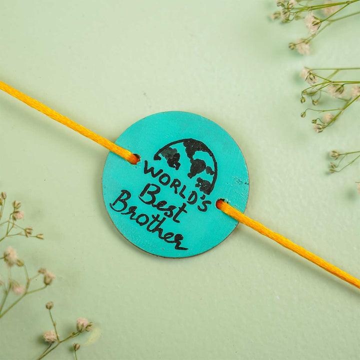 Personalized Hand Painted Worlds Best Brother Wooden Rakhi With Roli Chawal - Close-up of Rakhi Thread