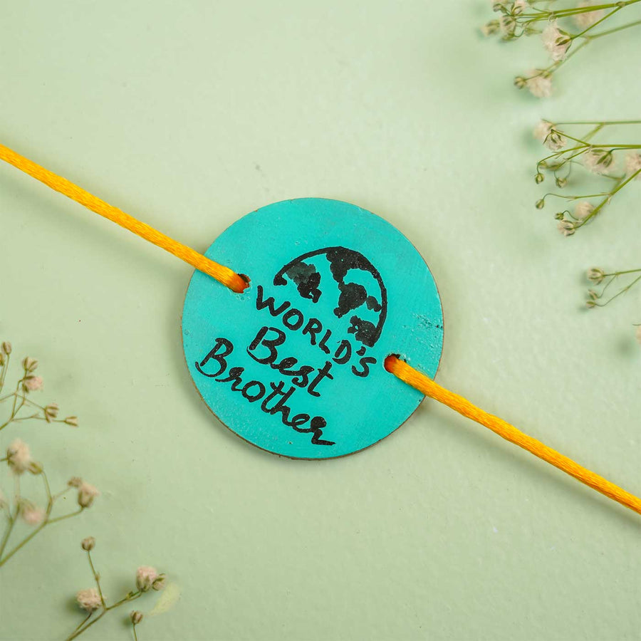 Personalized Hand Painted Worlds Best Brother Wooden Rakhi With Roli Chawal - Close-up of Rakhi Thread