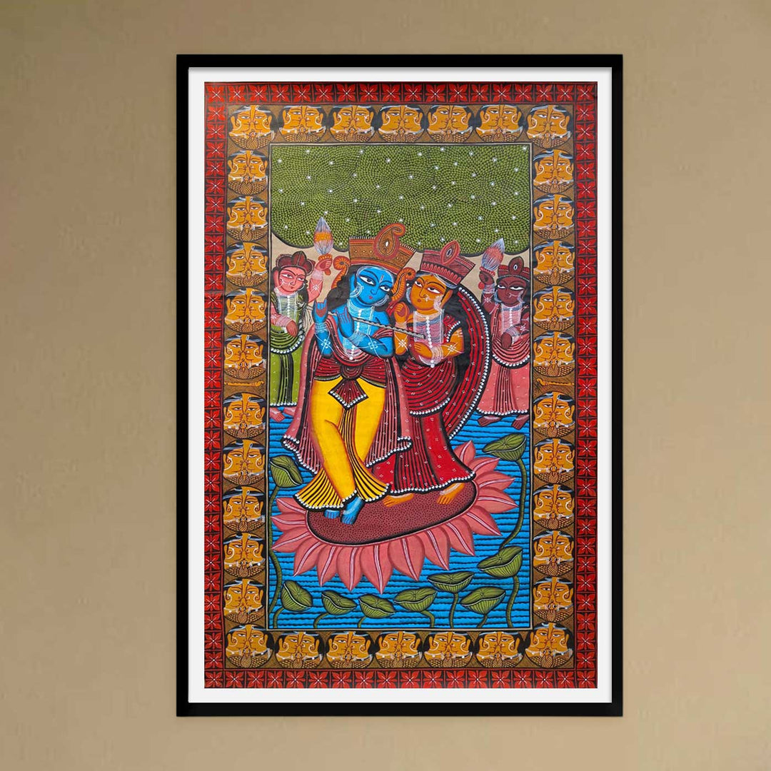 44 x 29 Inch | Radha Krishna | Original Hand Painted Kalighat Painting | Natural Colors On Paper