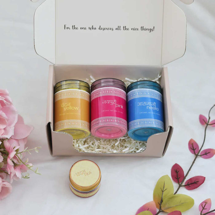 Rang-Otsav Grandeur Box | Includes 1 Organic Yellow Gulaal, 1 Organic Pink Gulaal, 1 Organic Blue Gulaal, 1 Chandan Tika, 1 All Things Nice Gift Box