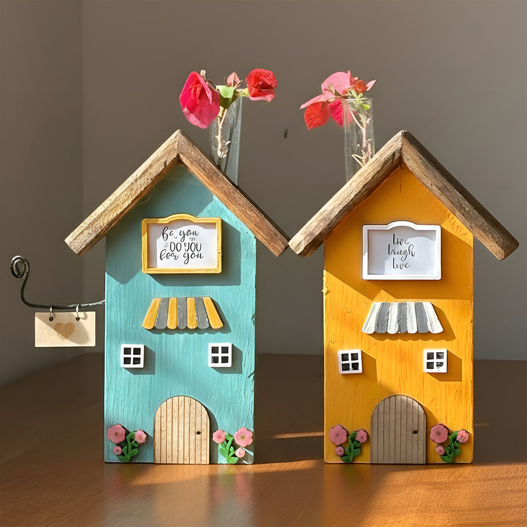 2 pc | Yellow & Blue Handcrafted Miniature Wooden House Planter/Pen Holder